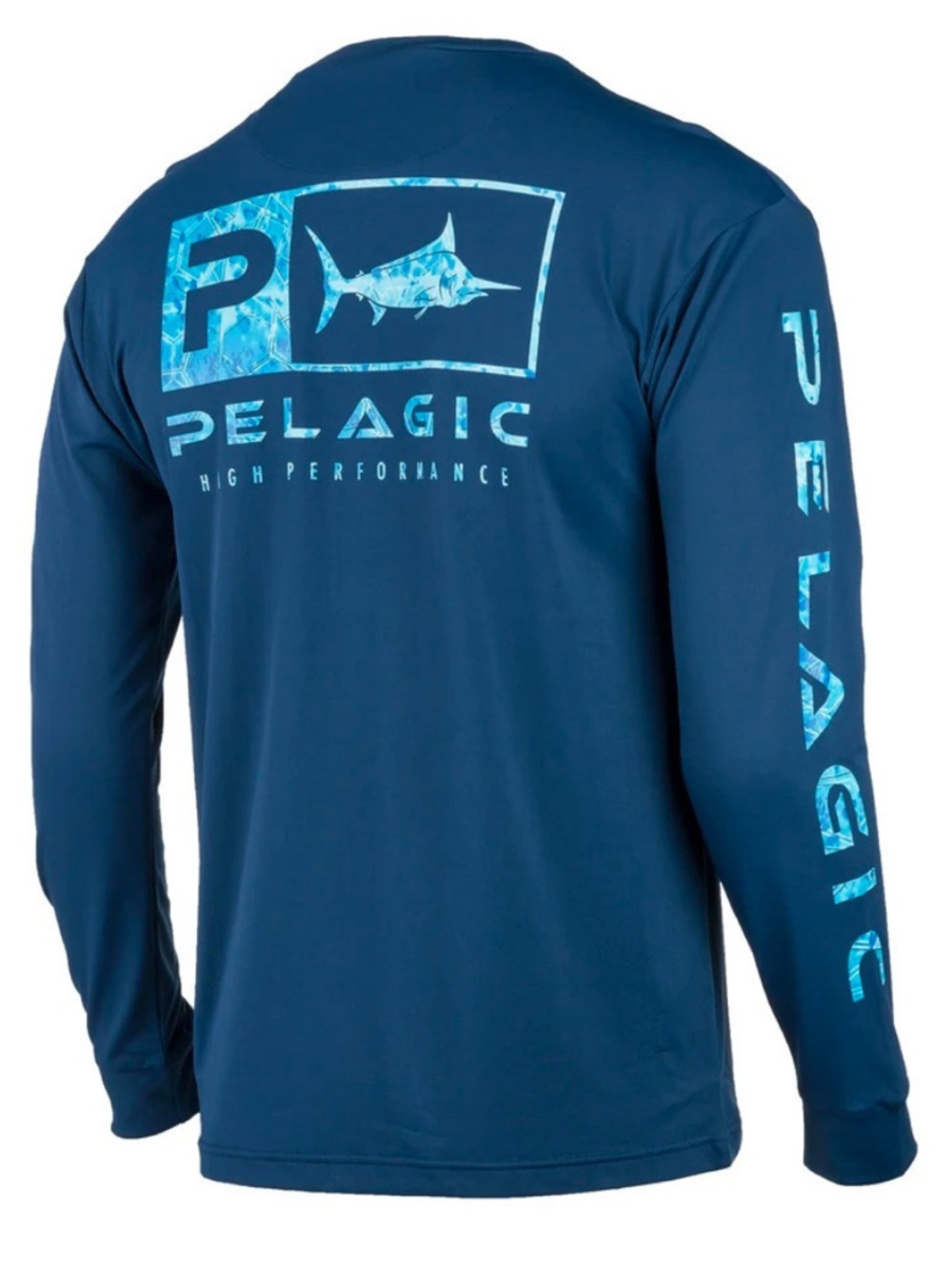 Pelagic Men's Long Sleeve Performance Tee - Navy with Aqua Logo